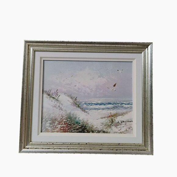 Framed Coastal Landscape Oil Painting By L. Dawson, Silver Frame & White Matte